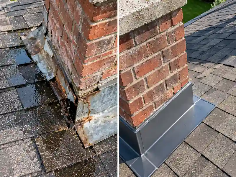 Chimney Flashing Repair in Spring Before and after chimney flashing repair on an asphalt shingle roof in Spring