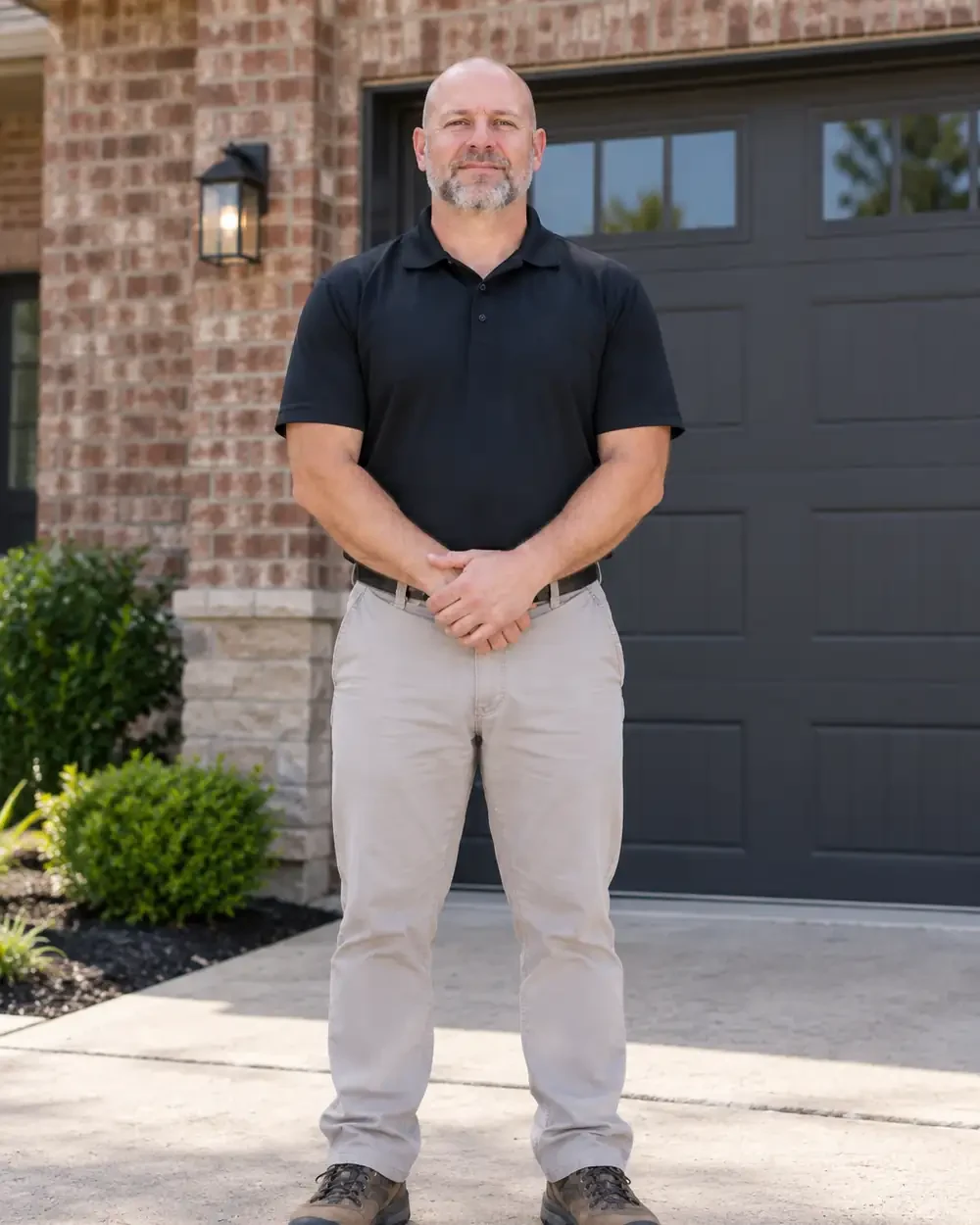 Mark Hofmann Founder of Megan Roofing Houston tx Mark Hofmann, Founder of Megan Roofing, standing in front of a brick home