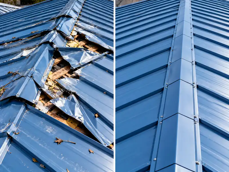 Blue Metal Roof Storm Damage Repair in Cypress tx Blue metal roof storm damage before and after repair