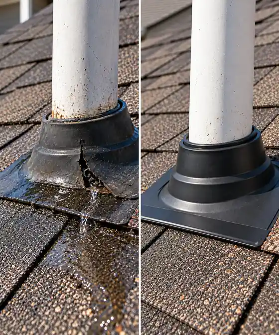 Pipe Boot Leak Repair in Memorial, Houston TX | Megan Roofing Before and after pipe boot leak repair on an asphalt shingle roof in Memorial, Houston, TX